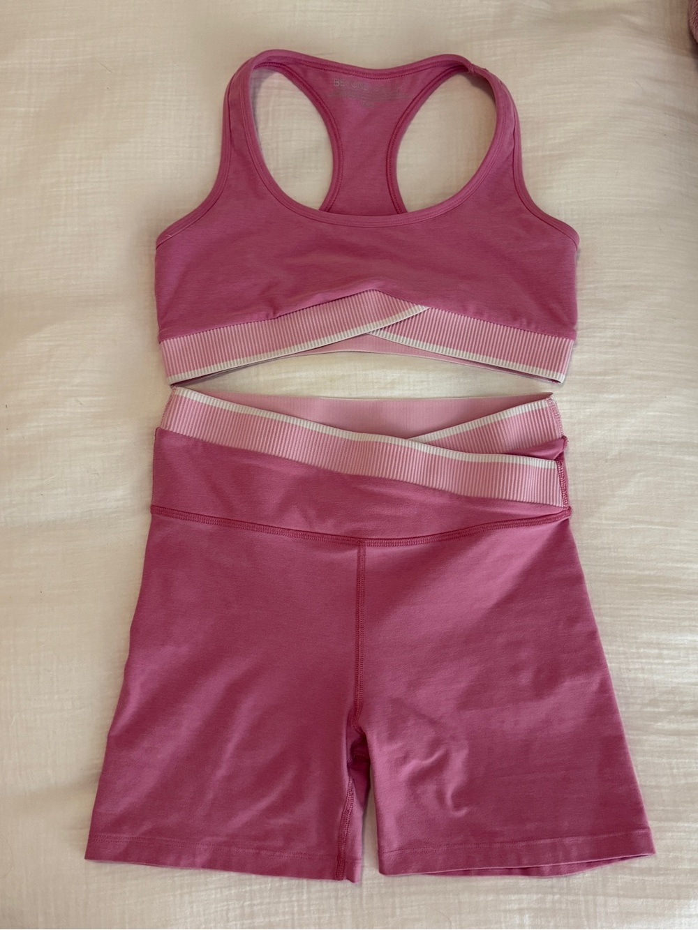 Beyond Yoga Spacedye Set- Pink Sports Bra and Biker Shorts